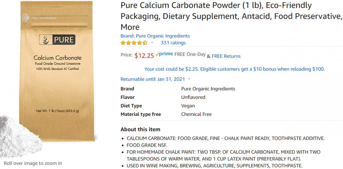 Calcium Carbonate / 1 Ounce Bottle / 97+% Pure Food Grade/Fine Powder