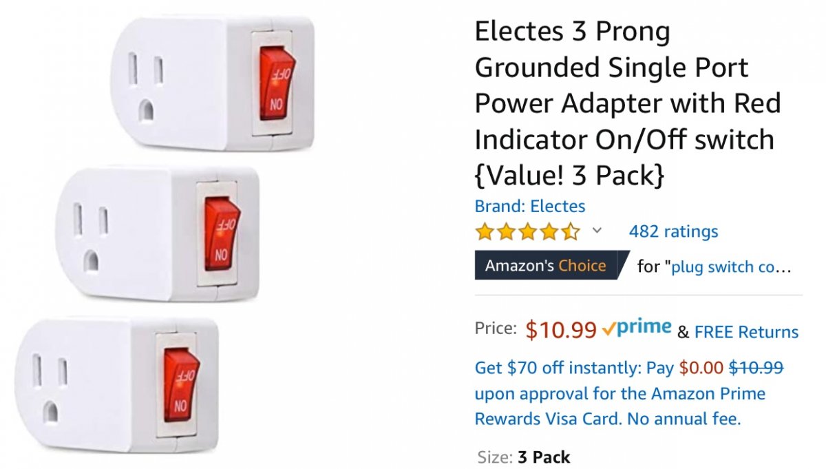 3 Pack} Electes 3 Prong Grounded Single Port Power Adapter with Red Indicator On/Off Switch {Value 
