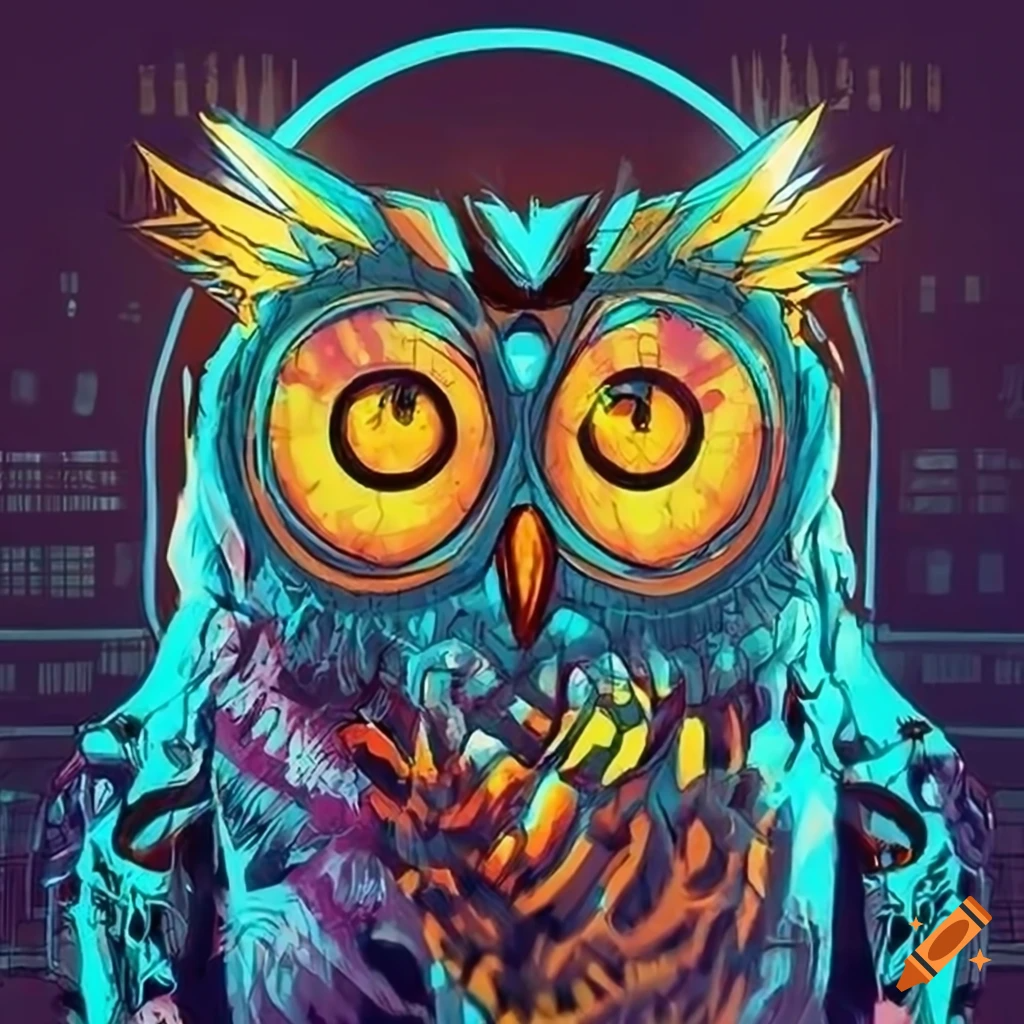 craiyon_190515_Cyberpunk_owl_with_yellow_eyes_in_the_style_of_Tim_Doyle.png